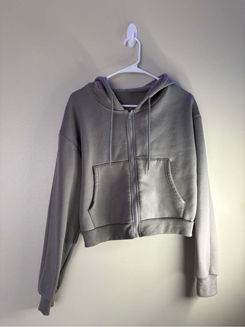SHEIN Gray Cropped Teddy Zip-Up Hoodie Jacket